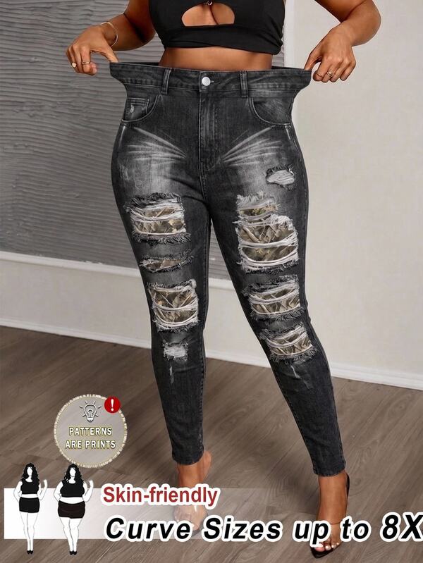SHEIN CURVE+ Leggings ajustados casuales de uso diario para mujer talla grande con bolsillos, botones y diseño desgastado