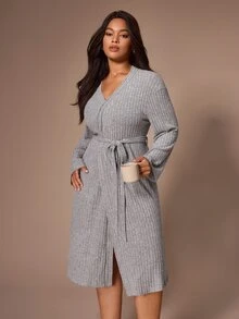 Lazeform Plus Size Women's Comfortable Casual Gray Brushed Ribbed Robe - Grey - View 6