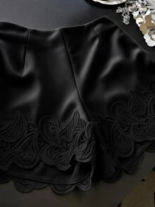 SHEIN Franclia Spring/Summer New Apricot Satin High-Waist Elegant Women's Daily Commute Lace Trim Shorts - Black - View 3