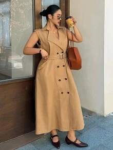Dazy Plus Vacation Holiday Outfit Sleeveless Double-Breasted Waist-Cinching Tie-Front Khaki Denim Dress - Khaki - View 3