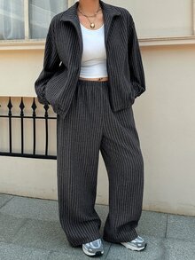 Livesso Autumn/Winter Wool Jacket & Straight Leg Casual Pants Set, Loose Fit Business Casual Fashion Pinstripe 2 Pieces Outfit - Dark Grey - View 8