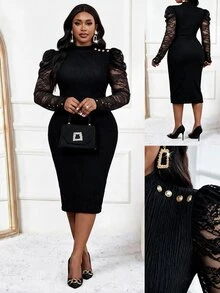 SHEIN Lady Plus Size Elegant Lace Patchwork Fitted Dress - Black - View 1