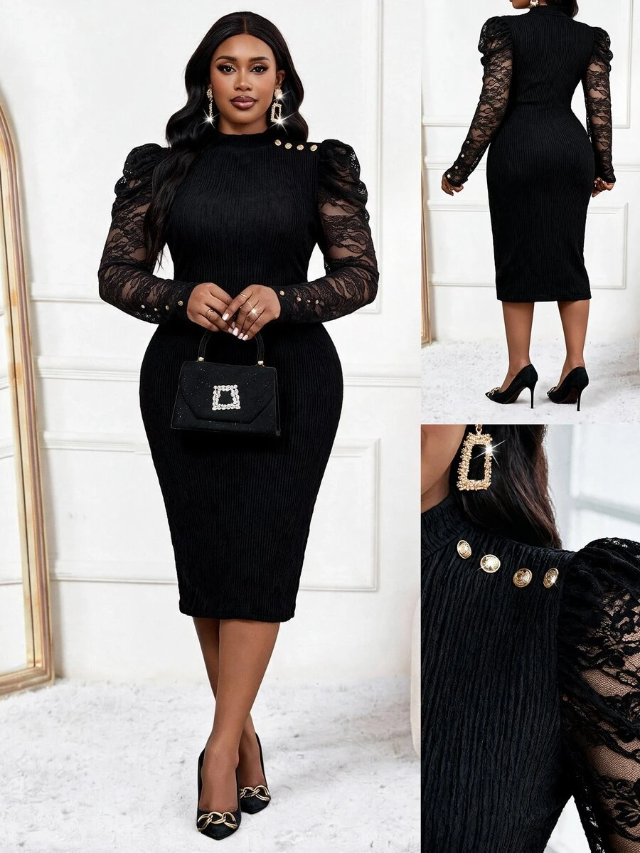 SHEIN Lady Plus Size Elegant Lace Patchwork Fitted Dress - Black - View 1