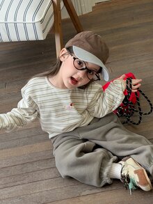 DAZY 2pcs/Set Baju Sweatshirt Lengan Panjang Bergaris Leher Bulat dan Celana Sweatpants untuk Bayi Perempuan (Musim Gugur) - Aprikot - View 3