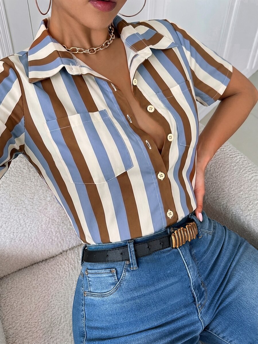 Trelyra Casual White Short Sleeve Slim Fit Collared Pocket Shirt For Women - Brown - View 1