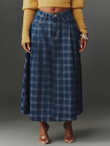 NYA SZN Denim Skirt Maxi Pleated Plaid Medium Wash Everyday Date Casual Going Out Church Modest Elegant Special Occasion Work School Festival Chic Fall Winter - Navy Blue - View 1