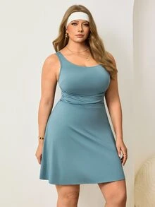 Easithlete Women's Plus Size Solid Color Ruched Waist Sleeveless Athletic Alternative Kawaii Renaissance Dress Fair Gym Tennis Dusty Blue Summer - Blue - View 1