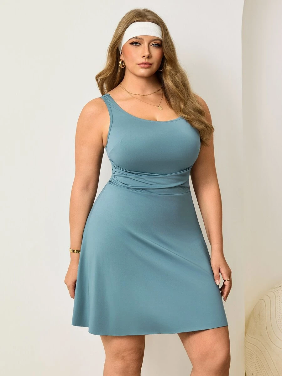 Easithlete Women's Plus Size Solid Color Ruched Waist Sleeveless Athletic Alternative Kawaii Renaissance Dress Fair Gym Tennis Dusty Blue Summer - Blue - View 1