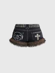 ROMWE Grunge Punk Vintage Hot Girl Rhinestone Studded Washed Color Y2K Cross Decor Women's Ultra Low Waist Mini Denim Shorts - Black - View 2
