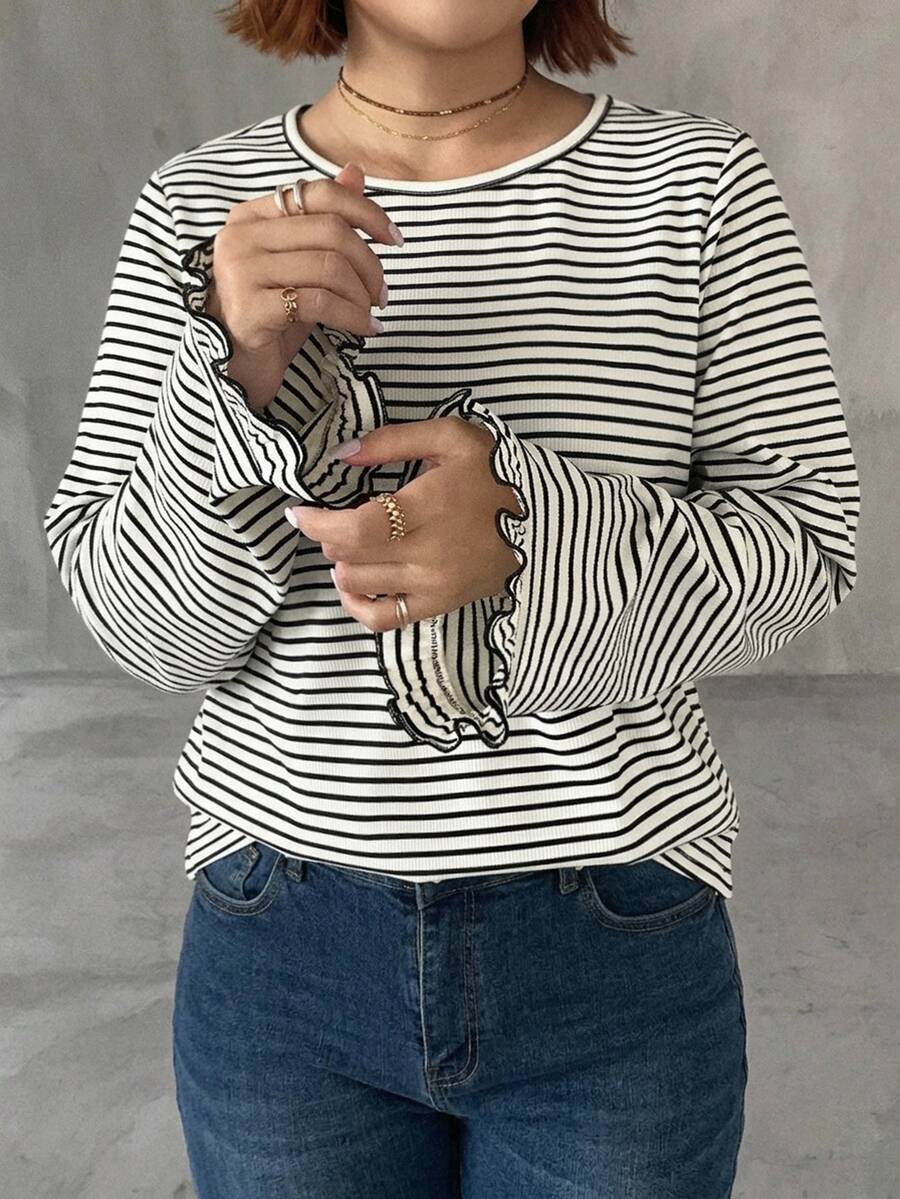 Dazy Plus Fashion Striped Loose Cuff Patchwork Ruffle Bell Sleeve Spring/Autumn New T-Shirt - Black and White - View 1