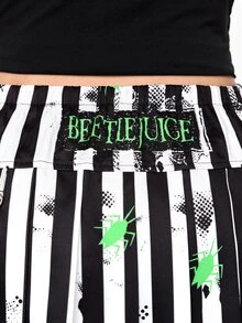 Beetlejuice X ROMWE تنورة ميني كاجوال متعددة الاستخدامات للنساء بمقاسات كبيرة بتصميم مخطط وألوان متباينة - الأسود - مشاهدة 2