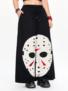 Friday the 13th X ROMWE IP Collaboration Horror Movie Graphic Patchwork Embroidery Design Plus Size Loose Streetwear Sweatpants - Black - View 4