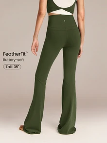 GLOWMODE 35" FeatherFit™ Go Groove Ultra Long Flare Leggings Low Impact Yoga Pilates Studio Daily Casual Wear Spring Summer - Army Green - View 1