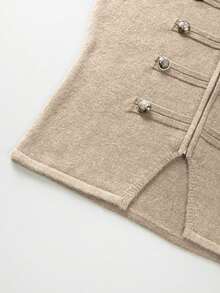 SHEIN New Spring Fall Napoleonic Military Double Breasted Knit Vest Women Stand Collar Full Zip Cap Sleeve S - Khaki - View 4