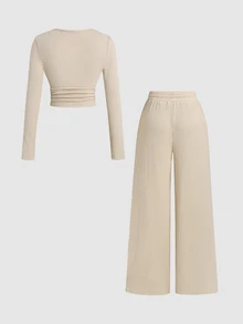 Sweetra Women's New Spring Autumn Winter Suitable For Travel Commute Casual Home Office Solid Color Plush Ribbed Fabric Open Front Waist Gathered Design Adjustable Waistband Textured Fabric 2-Piece Set - Khaki - View 2