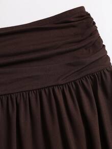 Sweetra Women's New Spring Summer Autumn Winter Outfit Half-High Neck Solid Color Top And Ruched Waist Skirt Set, Suitable For Travel, Commuting, Shopping, Dating, Dining, Versatile 2-Piece Set - Brown - View 12
