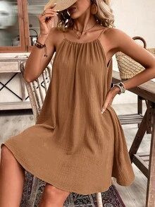SHEIN Frenchy 夏季女款波西米亞風細肩帶陽光裙，鄉村風抽繩棉質連身裙 - 鏽棕色 - 查看 3