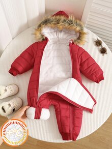 SHEIN Unisex Baby Boy/Girl, Toddler Autumn/Winter Thermal Lined Thickened Hooded Jumpsuit, Baby Winter Jumpsuit, Thermal, Thickened - Black - View 4