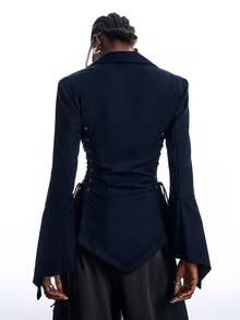 LYSMO Women's Solid Color Lapel NeckEyelet Lace-Up Design Fashion Blazer - Navy Blue - View 2