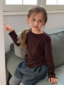 Hapijoa Loose Casual Round Neck Pullover Heart Print Long Sleeve Autumn Inner Layer Cute Young Girls' T-Shirt - Brown - View 3