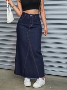 SHEIN Tall Casual Washed Raw Edge Denim Skirt - Dark Wash - View 3