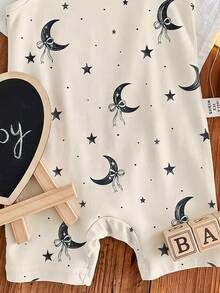 女嬰復古奶油色月亮星星蝴蝶結印花連身褲，適合春夏，田園風波西米亞嬰兒服飾，新生兒套裝，Y2K，可愛，派對、日常、度假，舒適 - 彩色 - 查看 7
