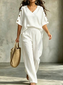 Linhara CURVE Plus Size Women Solid Color Heart Neckline Short Sleeve Button Decor Top And Casual Boho Long Pants 2 Pieces Set Daily Wear Outfit Cotton White Summer - White - View 4