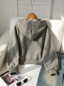 SHEIN 青少年女孩冬季套裝，休閒街頭寬鬆鈕扣連帽外套，適合學校、戶外與日常穿著，秋冬款 - 灰色 - 查看 2