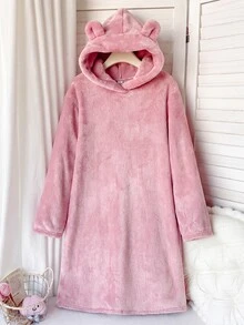 SHEIN 少女秋/冬季甜美卡通3D設計厚抓絨連帽長袖抽繩家居服浴袍睡衣 粉色女童睡衣 - 藕粉色 - 查看 1