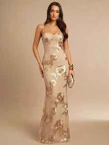 SHEIN X GALILEA Silquee 3D花卉性感修身細肩帶洋裝 - 金色 - 查看 3