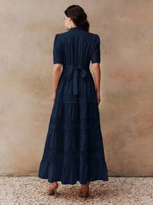 Anewsta Solid Color Elegant Lace Patchwork Round Neck Waist-Cinching Hollow Crochet Short Sleeve Flared Women's Dress - Navy Blue - View 7