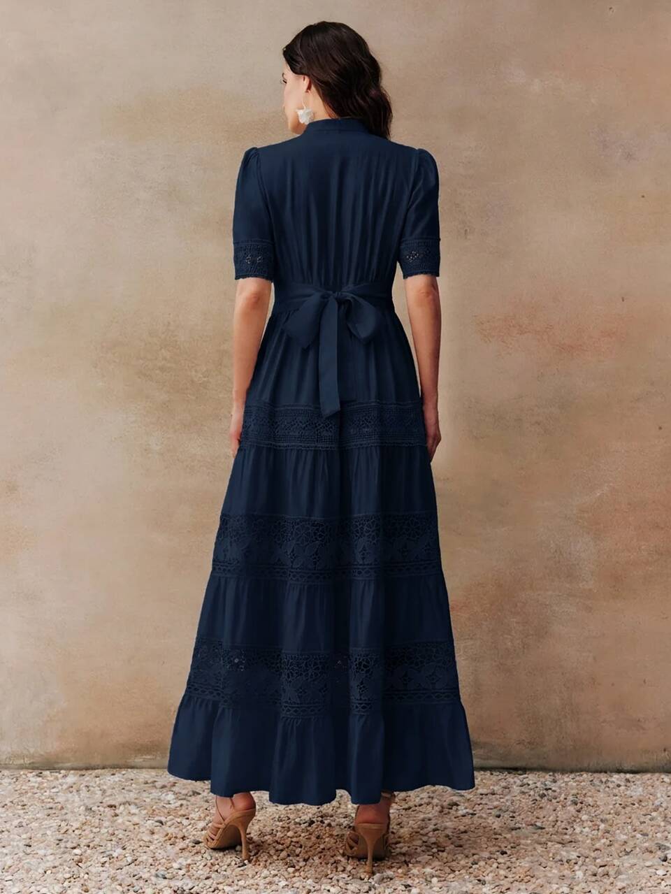 Anewsta Solid Color Elegant Lace Patchwork Round Neck Waist-Cinching Hollow Crochet Short Sleeve Flared Women's Dress