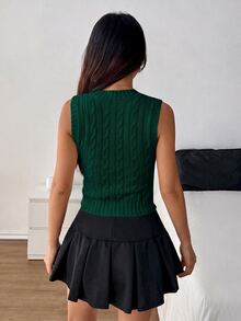 SHEIN PETITE 女款騎士刺繡V領休閒百搭針織背心 - 墨綠色 - 查看 2