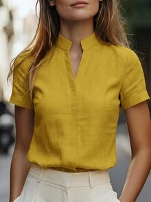 Editum Women's Short-Sleeved Mandarin Collar Linen-Like Tank Top, Versatile And Slimming For Commuting - Yellow - View 9