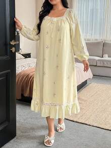 Dazy Plus Romantic Sweet Ditsy Floral Ruffle Trim Square Neck Long Nightgown, Spring/Autumn New Style - Yellow - View 7