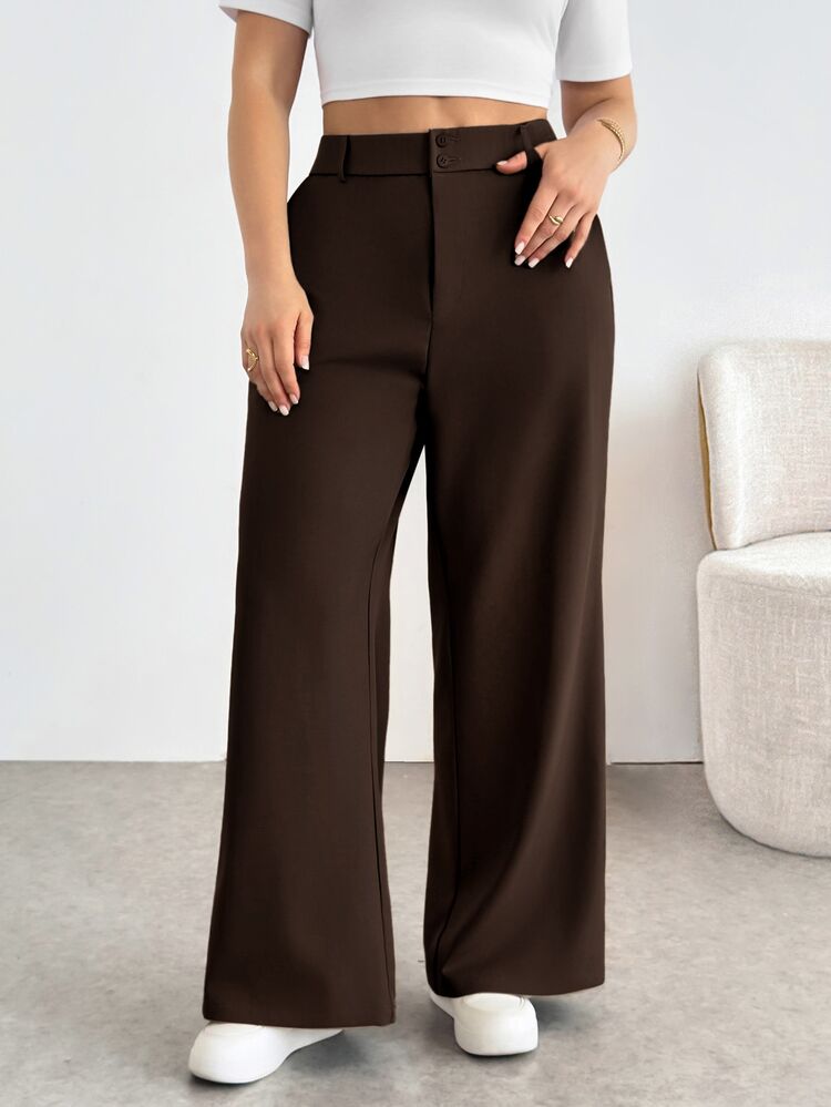 Shapeblank Plus Size Women's Solid Color High Waist Pocket Wide Leg Loose Long Pants - Coffee Brown - View 7