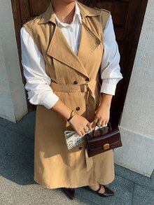 Dazy Plus Vacation Holiday Outfit Sleeveless Double-Breasted Waist-Cinching Tie-Front Khaki Denim Dress - Khaki - View 6