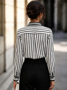 EMERY ROSE Casual Commute Striped Long Sleeve Shirt - Black and White - View 2