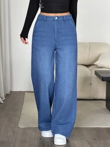 SHEIN PETITE 女款休閒街頭風牛仔褲，口袋鈕扣設計，秋季優雅正式 Y2K 可愛時尚，萬聖節毛茸茸抓絨，PETITE 尺碼，校園日常穿搭，水藍色 - 藍色 - 查看 6