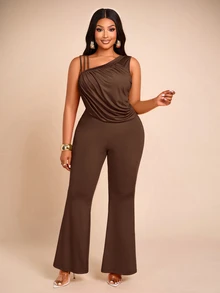 Brilight Asymmetric Neck Ruched Jumpsuit, Bodycon Flare Long Pants Outfit For Cocktail Party & Vacatio - Chocolate Brown - View 3