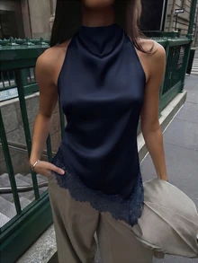 Firerie 女款性感露背荷葉領蕾絲拼接上衣，優雅適合派對、通勤與度假，優雅蕾絲飾邊露背上衣，性感緞面拼接無袖上衣，適用於派對、雞尾酒會、正式場合、商務休閒及其他場合，日常通勤女款上衣 - 藏蓝色 - 查看 3