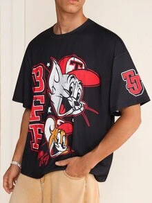 TOM & JERRY X SHEIN Men's Summer Casual Cartoon Print T-Shirt - Black - View 6