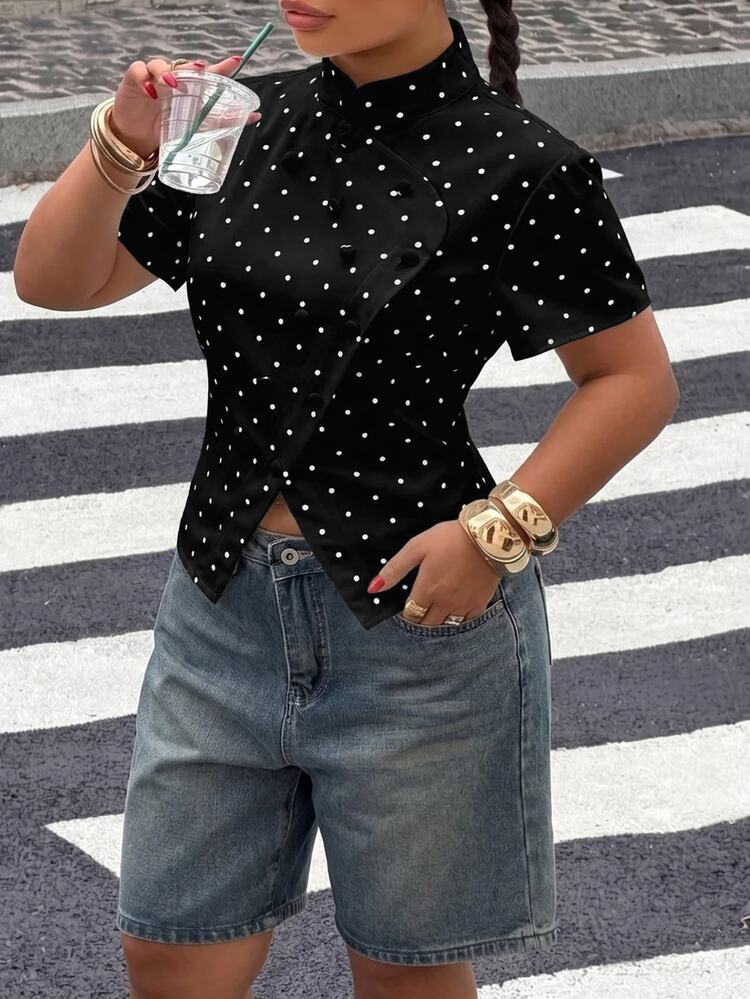 Muchica Plus Size Women Polka Dot Casual Versatile Daily Wear Shirt Fall - Black - View 5