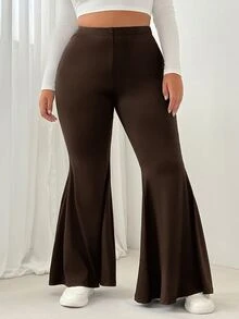 SHEIN EZwear 大尺碼女款純色休閒百搭日常穿著喇叭褲 - 棕色 - 查看 7