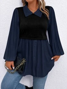 Calvaya Plus Size Women's Colorblock Patchwork Long Sleeve Top - Blue - View 5