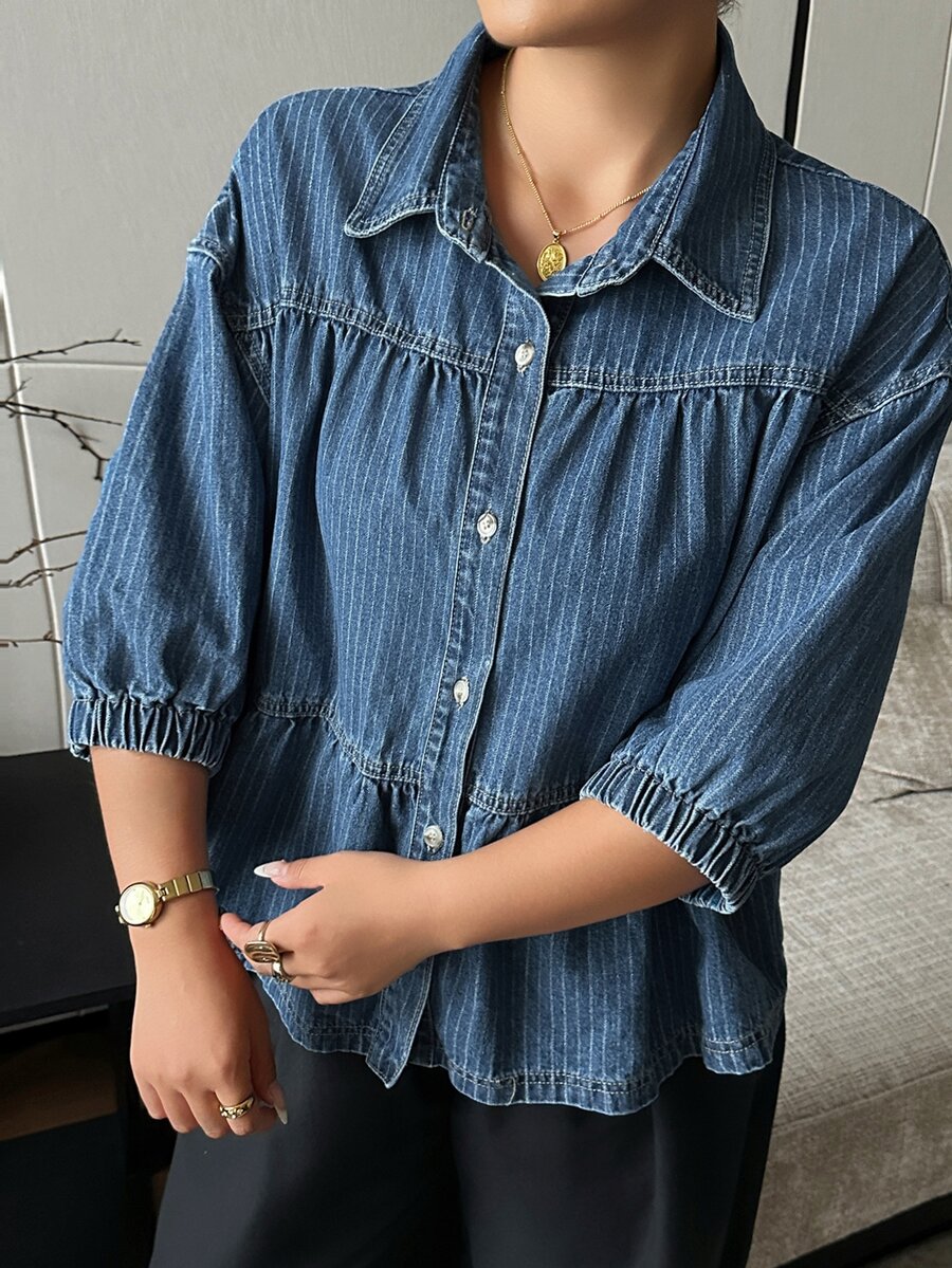 Dazy Plus 大尺碼女款寬鬆街頭休閒開襟衫，翻領拼接燈籠五分袖牛仔上衣，適合春夏秋季 - 中等水洗藍 - 查看 1