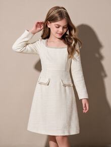 SHEIN Tween Girls Cream Solid Tweed Dress Square Neck Pearl Trim Long Sleeve Flared Dress School Dance Holiday - Apricot - View 3
