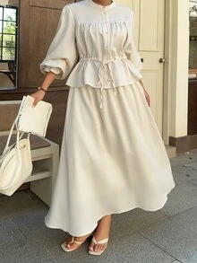 Dazy Plus Plus Size Elegant Cinched Waist Blouse With Flared Sleeves And Skirt, Playful Commuter 2 Pieces Set For Spring And Autumn - Apricot - View 9