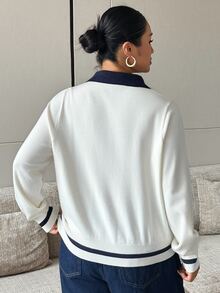 Livesso Contrast Color Patchwork Polo Collar Fun Commuter Business Casual Spring Autumn New Sweater Top - Beige - View 2