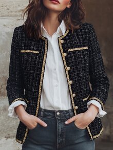 LUMIGAL Women's Autumn/Winter Long Sleeve Colorblock Patchwork Lace Trim Tweed Fashion Elegant Jacket - Black - View 1